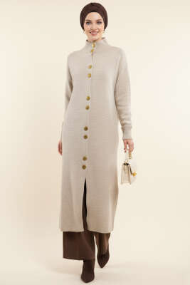 Metal Gold Düğmeli Uzun Triko Hırka Taş - RAFİMİX