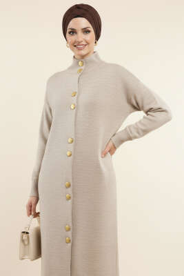 Metal Gold Düğmeli Uzun Triko Hırka Taş - Hırka