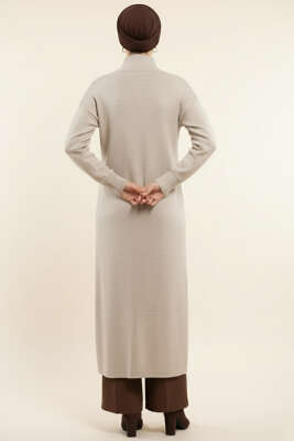 Metal Gold Düğmeli Uzun Triko Hırka Taş - Hırka