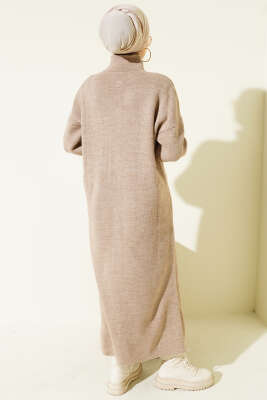 Metal Gold Düğmeli Uzun Triko Hırka Vizon - Hırka