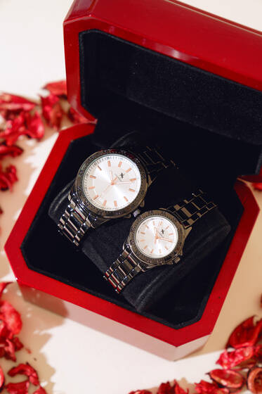 Metal Kadran Sevgili Çift Kol Saati Siyah - Saat