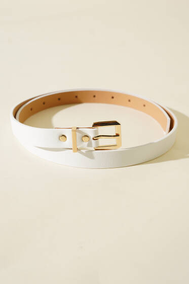 Metal Kare Tokalı İnce Kemer Beyaz - Deri Kemer