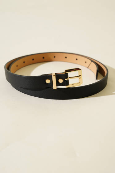 Metal Kare Tokalı İnce Kemer Siyah - Deri Kemer