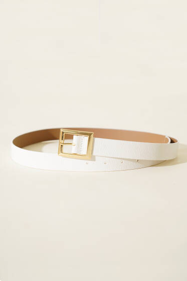 Metal Kare Tokalı Kemer Beyaz - Deri Kemer