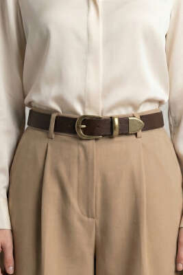 Metal Oval Tokalı Kemer Kahve - Deri Kemer