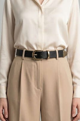 Metal Oval Tokalı Kemer Siyah Gold - Deri Kemer