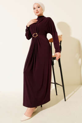 Metal Tokalı Büzgülü Elbise Mor - MISRA