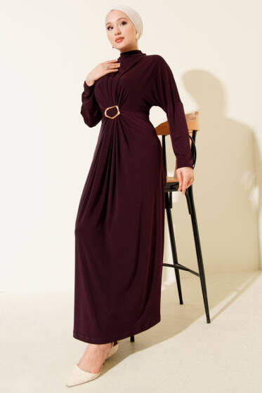 Metal Tokalı Büzgülü Elbise Mor - Elbise