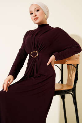 Metal Tokalı Büzgülü Elbise Mor - Elbise