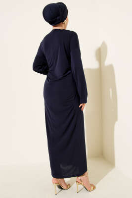 Metal Tokalı Büzgülü Sandy Elbise Lacivert - Elbise