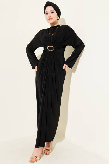 Metal Tokalı Büzgülü Sandy Elbise Siyah - Elbise