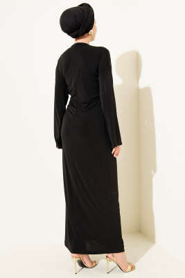 Metal Tokalı Büzgülü Sandy Elbise Siyah - Elbise