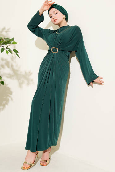 Metal Tokalı Büzgülü Sandy Elbise Zümrüt - Elbise