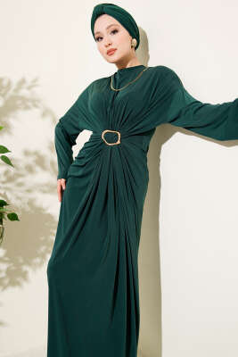 Metal Tokalı Büzgülü Sandy Elbise Zümrüt - Elbise