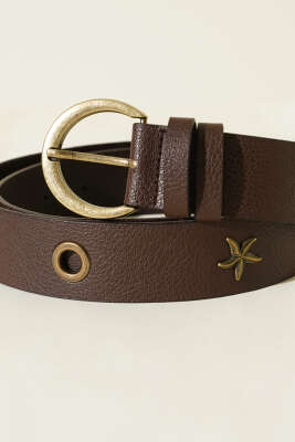 Metal Tokalı Deniz Yıldızı Desenli Kemer Acı Kahve - Deri Kemer