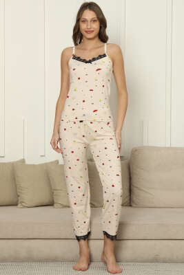 Meyve Desenli Askılı Pijama Takım Bej - Pijama