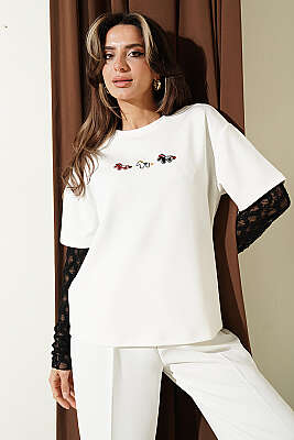 Midilli Nakışlı Modal T-shirt Ekru - HELLIE