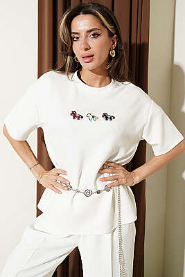 Midilli Nakışlı Modal T-shirt Ekru - Kadın Giyim Modelleri