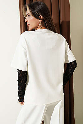 Midilli Nakışlı Modal T-shirt Ekru - Kadın Giyim Modelleri