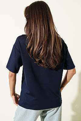 Midilli Nakışlı Modal T-shirt Lacivert - Kadın Giyim Modelleri