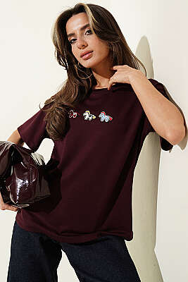 Midilli Nakışlı Modal T-shirt Mürdüm - HELLIE