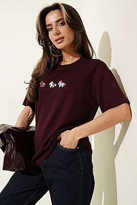Midilli Nakışlı Modal T-shirt Mürdüm - Kadın Giyim Modelleri