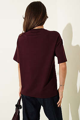 Midilli Nakışlı Modal T-shirt Mürdüm - Kadın Giyim Modelleri