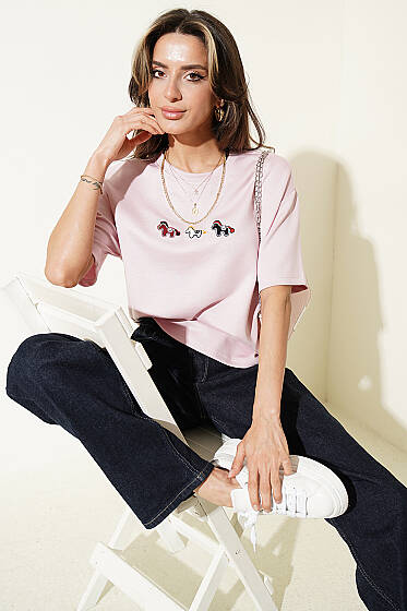 Midilli Nakışlı Modal T-shirt Pembe - Kadın Giyim Modelleri