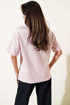 Midilli Nakışlı Modal T-shirt Pembe - Kadın Giyim Modelleri