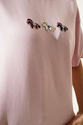 Midilli Nakışlı Modal T-shirt Pembe - Kadın Giyim Modelleri
