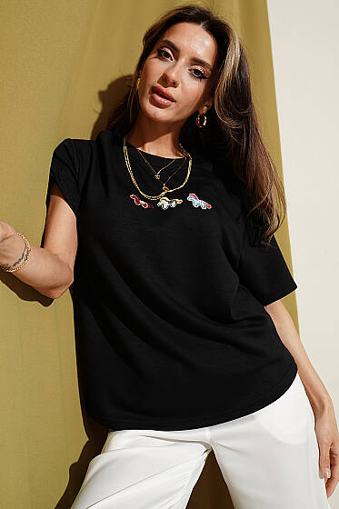 Midilli Nakışlı Modal T-shirt Siyah - Kadın Giyim Modelleri