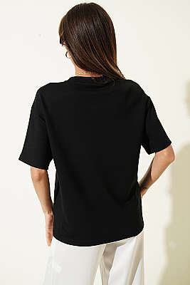 Midilli Nakışlı Modal T-shirt Siyah - Kadın Giyim Modelleri