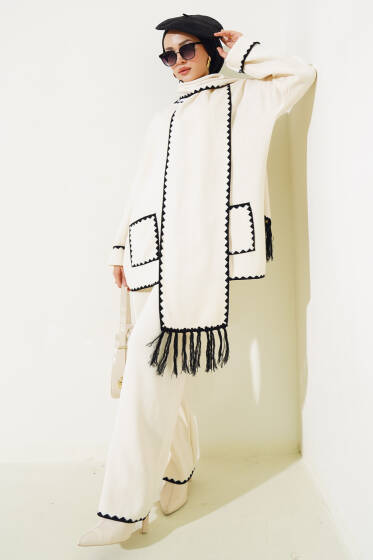 Midye Dikiş Desen Atkılı Triko Üçlü Takım Bej - İkili Takım