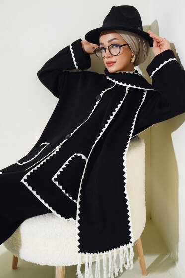 Midye Dikiş Desen Atkılı Triko Üçlü Takım Siyah - İkili Takım