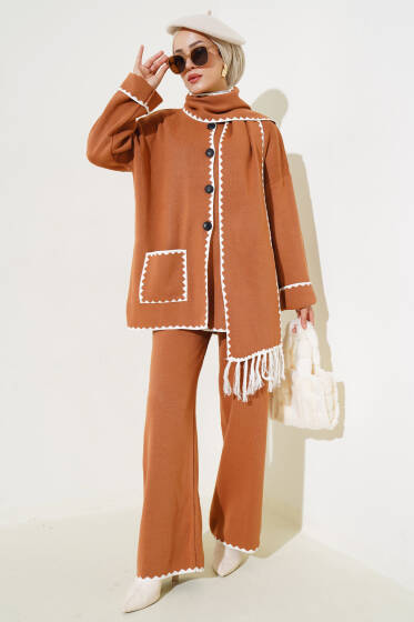 Midye Dikiş Desen Atkılı Triko Üçlü Takım Taba - İkili Takım