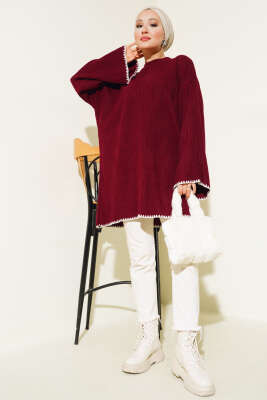 Midye Dikiş Detaylı Triko Tunik Bordo - Triko Tunik