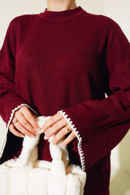 Midye Dikiş Detaylı Triko Tunik Bordo - Triko Tunik