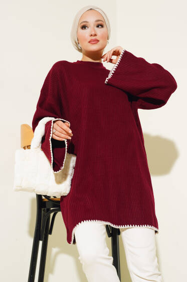Midye Dikiş Detaylı Triko Tunik Bordo - Tunik