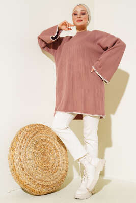 Midye Dikiş Detaylı Triko Tunik Gül Kurusu - Triko Tunik