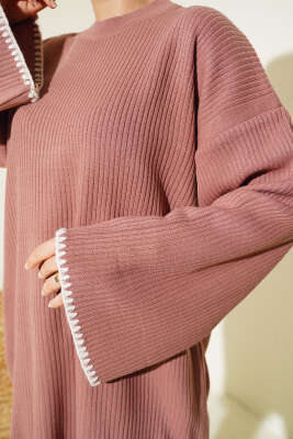 Midye Dikiş Detaylı Triko Tunik Gül Kurusu - Triko Tunik