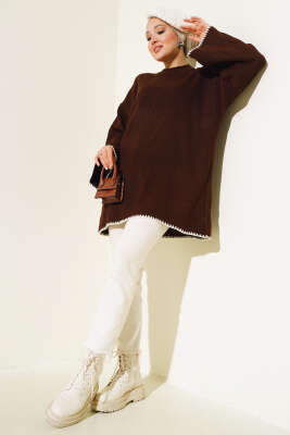 Midye Dikiş Detaylı Triko Tunik Kahve - Triko Tunik