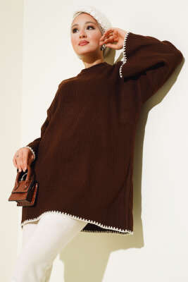 Midye Dikiş Detaylı Triko Tunik Kahve - KILIÇ TRİKO