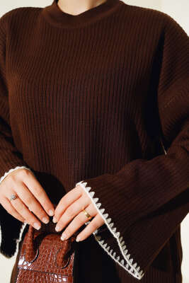 Midye Dikiş Detaylı Triko Tunik Kahve - Triko Tunik