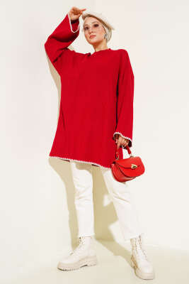 Midye Dikiş Detaylı Triko Tunik Kırmızı - Triko Tunik