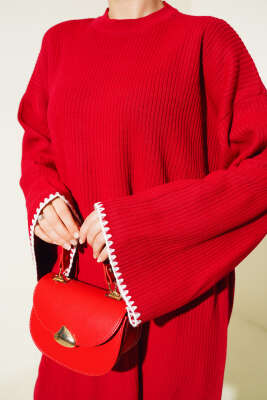 Midye Dikiş Detaylı Triko Tunik Kırmızı - Triko Tunik