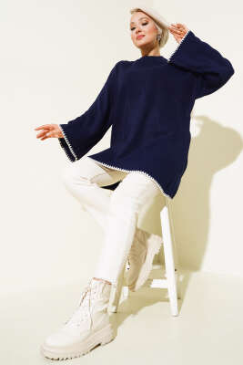 Midye Dikiş Detaylı Triko Tunik Lacivert - Triko Tunik