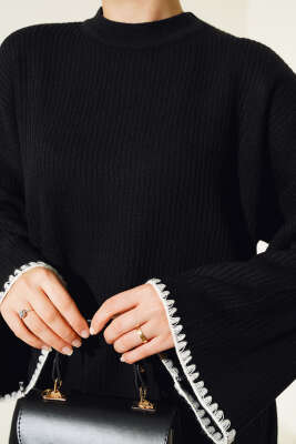 Midye Dikiş Detaylı Triko Tunik Siyah - Triko Tunik