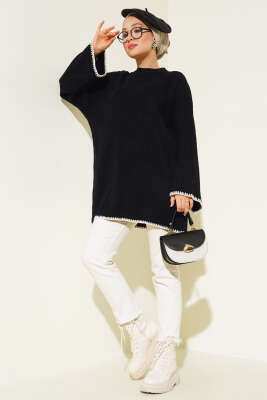 Midye Dikiş Detaylı Triko Tunik Siyah - Triko Tunik