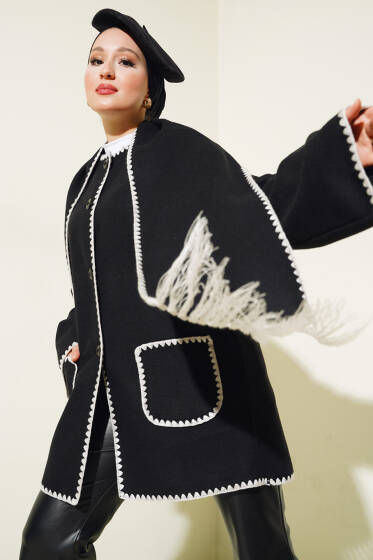 Midye Dikişli Atkılı Ceket Siyah - Ceket
