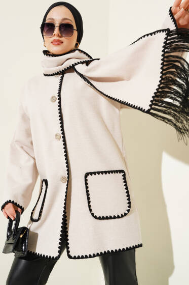 Midye Dikişli Atkılı Ceket Taş - Ceket